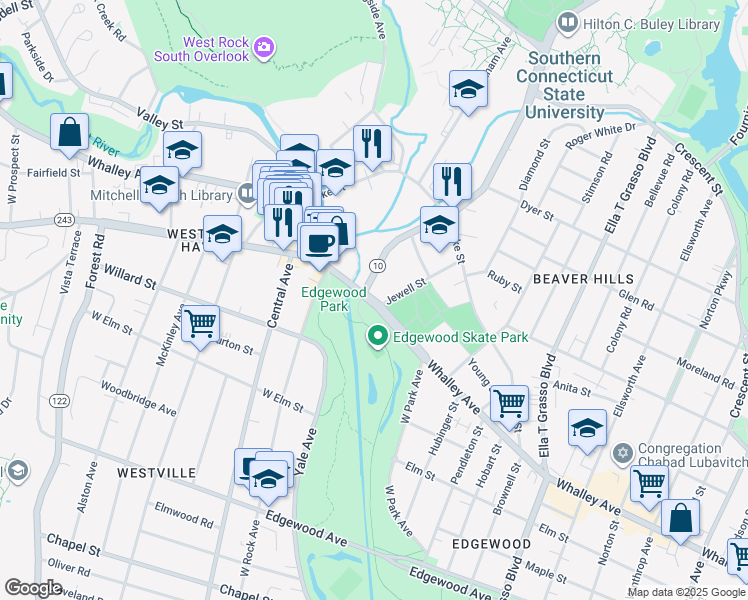 map of restaurants, bars, coffee shops, grocery stores, and more near Whalley Avenue in New Haven