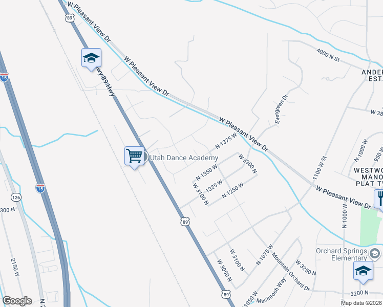 map of restaurants, bars, coffee shops, grocery stores, and more near 1381 West 3175 North in Pleasant View
