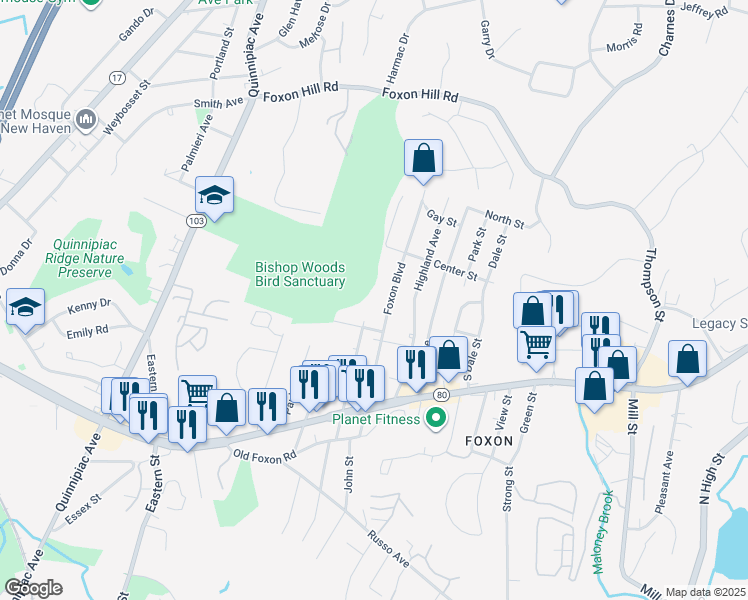 map of restaurants, bars, coffee shops, grocery stores, and more near 183 Rose Street Extension in East Haven