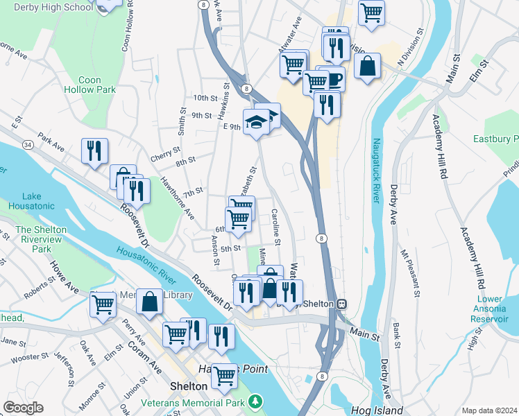 map of restaurants, bars, coffee shops, grocery stores, and more near 211 Minerva Street in Derby