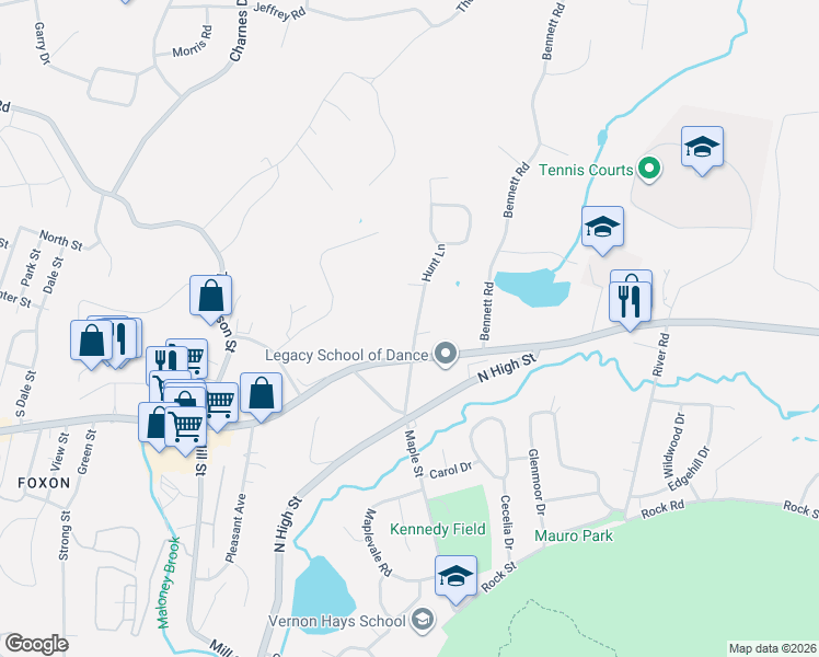 map of restaurants, bars, coffee shops, grocery stores, and more near 74 Hunt Lane in East Haven