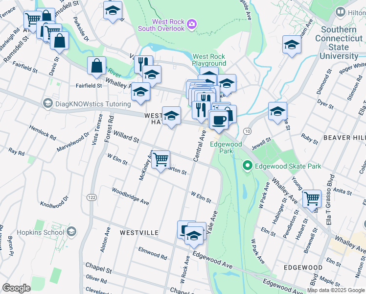 map of restaurants, bars, coffee shops, grocery stores, and more near 562 Central Avenue in New Haven