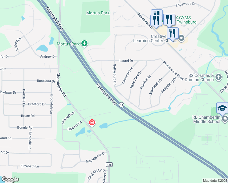 map of restaurants, bars, coffee shops, grocery stores, and more near 9106 Gettysburg Drive in Twinsburg