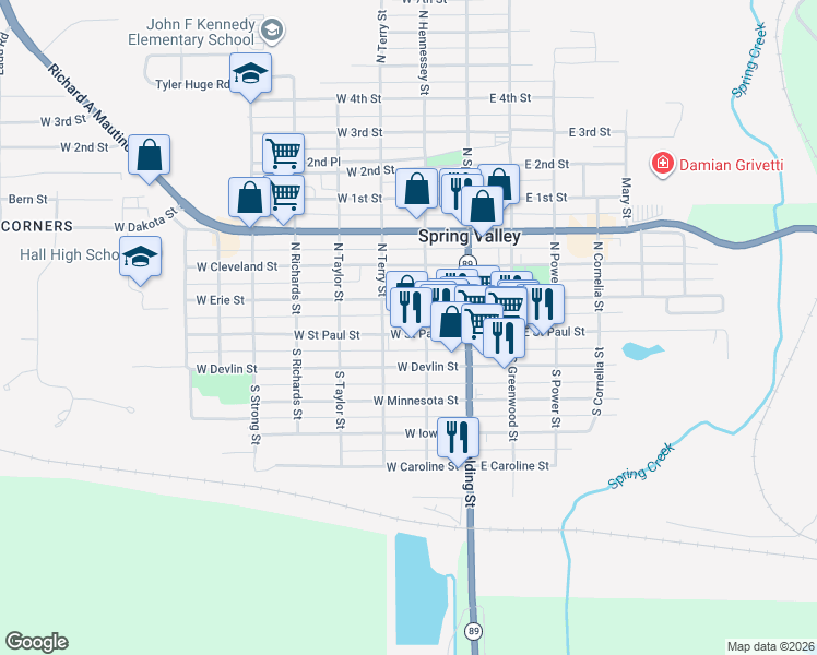 map of restaurants, bars, coffee shops, grocery stores, and more near 214 West Saint Paul Street in Spring Valley