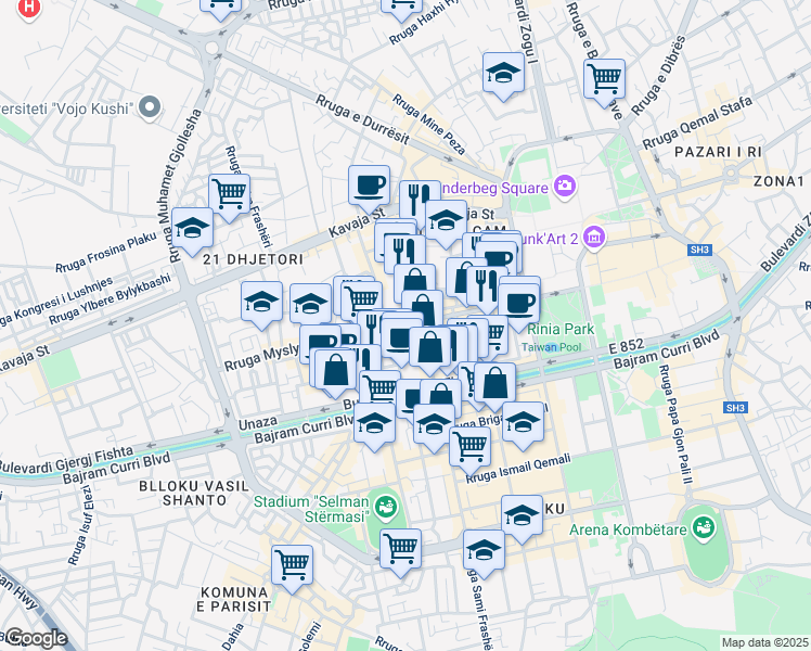 map of restaurants, bars, coffee shops, grocery stores, and more near Rruga Myslym Shyri in Tiranë