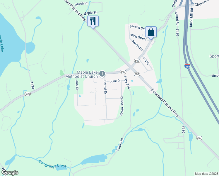 map of restaurants, bars, coffee shops, grocery stores, and more near 7 Pearl Drive in Lackawanna County