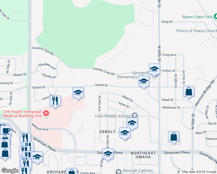 map of restaurants, bars, coffee shops, grocery stores, and more near 6421 Girard Street in Omaha