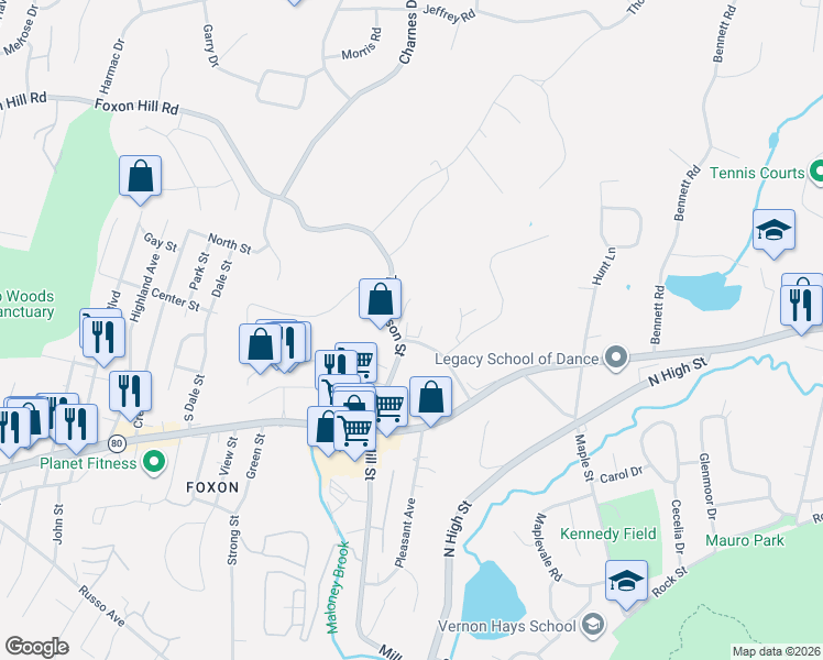 map of restaurants, bars, coffee shops, grocery stores, and more near 85 Thompson Street in East Haven