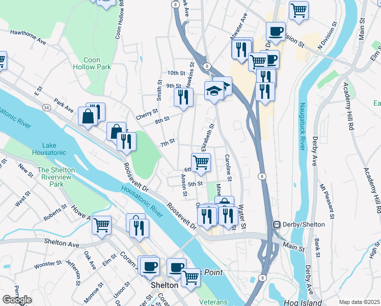 map of restaurants, bars, coffee shops, grocery stores, and more near 202 Olivia Street in Derby