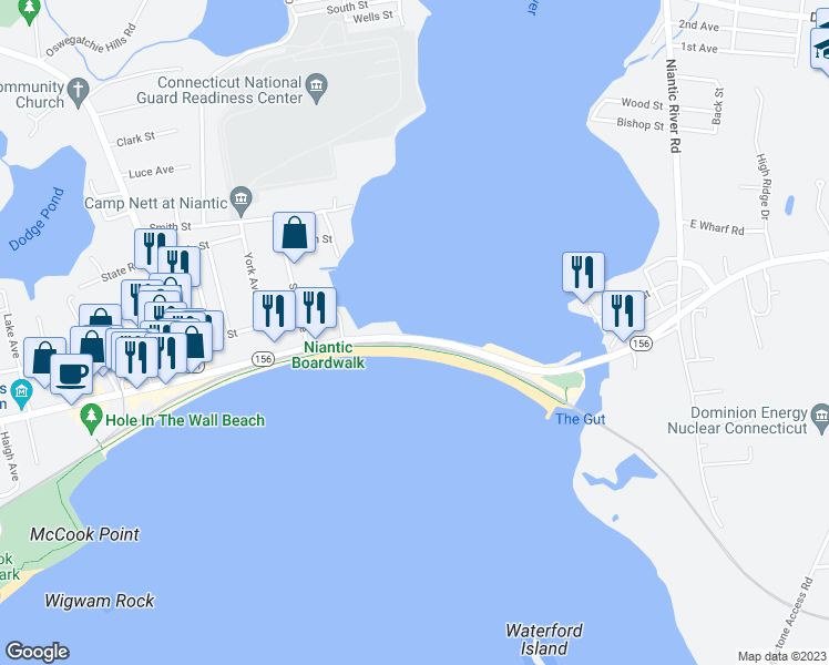 map of restaurants, bars, coffee shops, grocery stores, and more near 97 Main Street in East Lyme