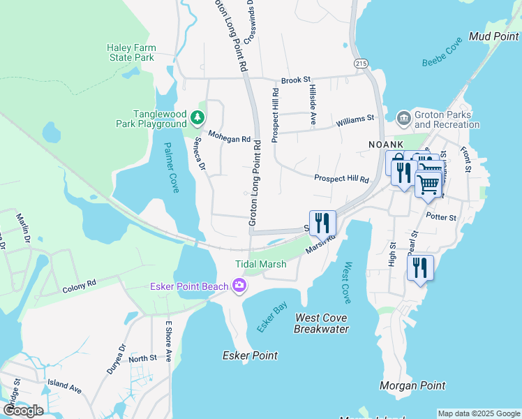 map of restaurants, bars, coffee shops, grocery stores, and more near 824 Groton Long Point Road in Groton