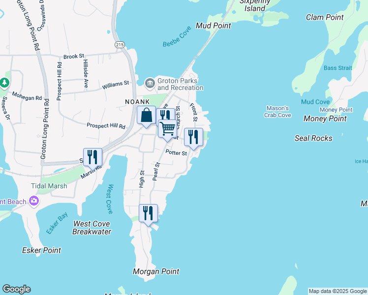 map of restaurants, bars, coffee shops, grocery stores, and more near 12 Riverview Avenue in Groton
