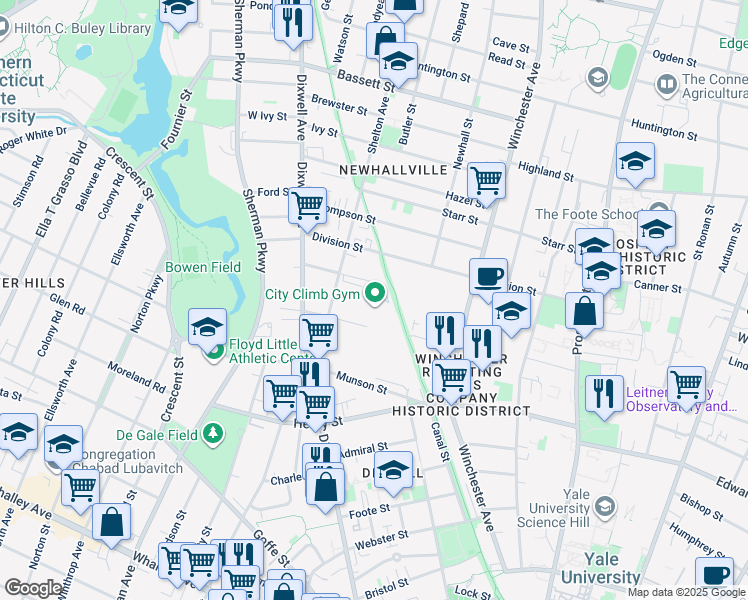 map of restaurants, bars, coffee shops, grocery stores, and more near 99-107 Shelton Avenue in New Haven