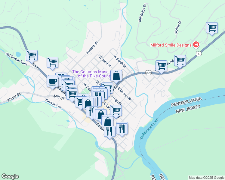 map of restaurants, bars, coffee shops, grocery stores, and more near 506 Broad Street in Milford