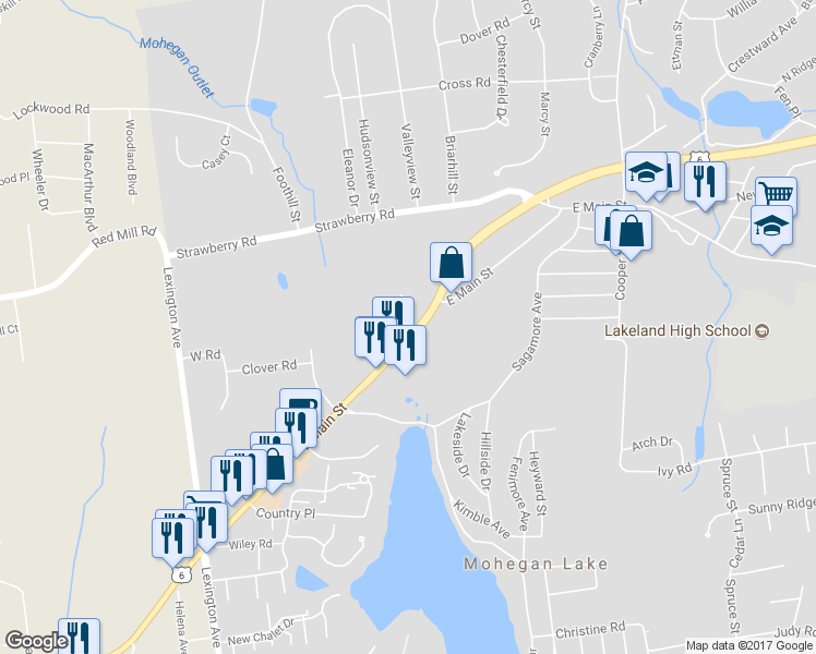 map of restaurants, bars, coffee shops, grocery stores, and more near 1718 East Main Street in Mohegan Lake