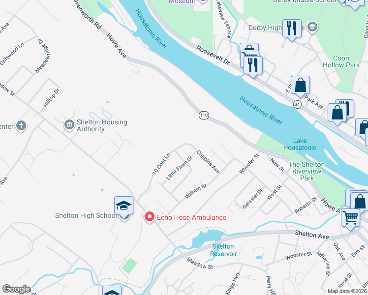 map of restaurants, bars, coffee shops, grocery stores, and more near 73 10 Coat Lane in Shelton