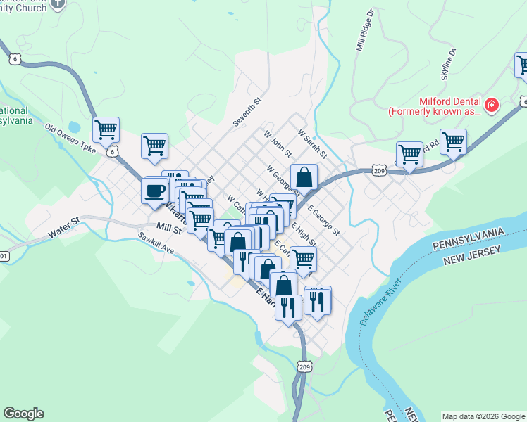 map of restaurants, bars, coffee shops, grocery stores, and more near 110 West High Street in Milford