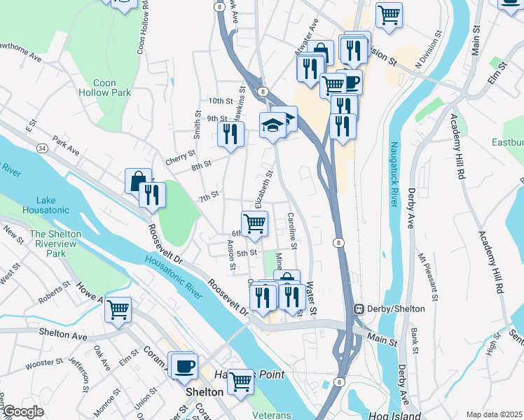 map of restaurants, bars, coffee shops, grocery stores, and more near 231 Elizabeth Street in Derby