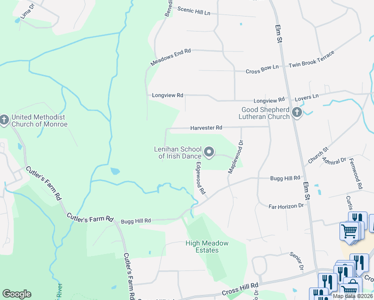 map of restaurants, bars, coffee shops, grocery stores, and more near 40 Crestwood Road in Monroe