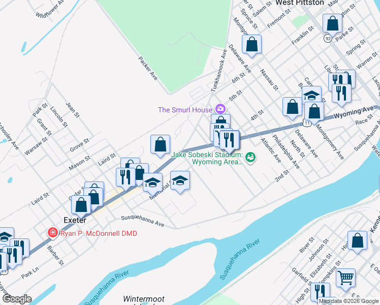 map of restaurants, bars, coffee shops, grocery stores, and more near 923 Tunkhannock Avenue in Luzerne County