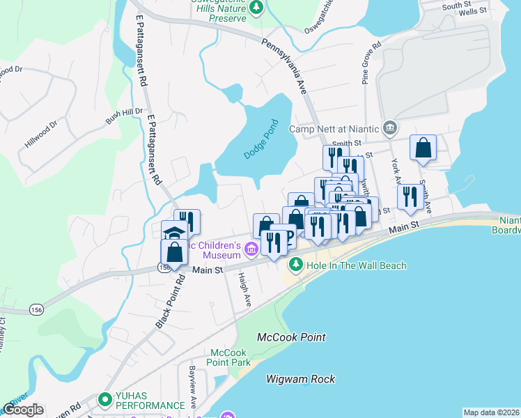 map of restaurants, bars, coffee shops, grocery stores, and more near 6 Joyce Court in East Lyme