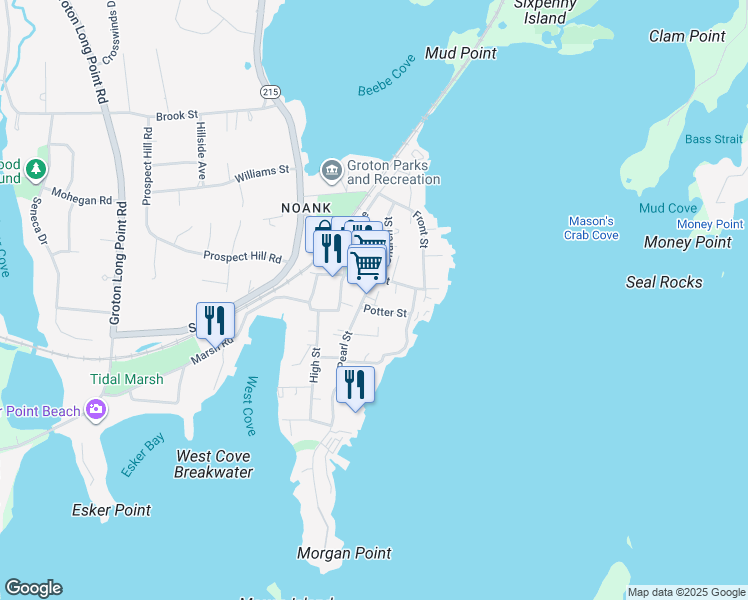 map of restaurants, bars, coffee shops, grocery stores, and more near 17 Pearl Street in Groton