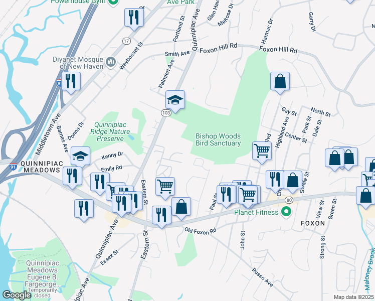 map of restaurants, bars, coffee shops, grocery stores, and more near 1445 Quinnipiac Avenue in New Haven