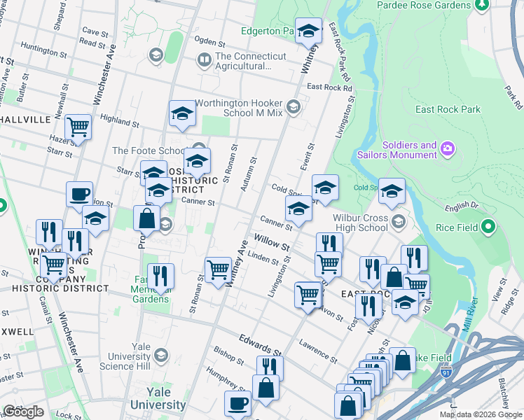 map of restaurants, bars, coffee shops, grocery stores, and more near 524 Whitney Avenue in New Haven