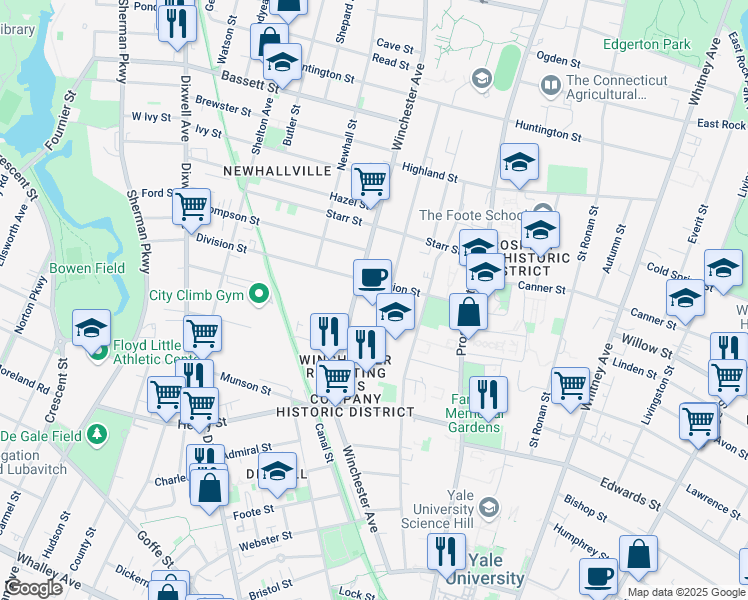 map of restaurants, bars, coffee shops, grocery stores, and more near 4 Science Park in New Haven