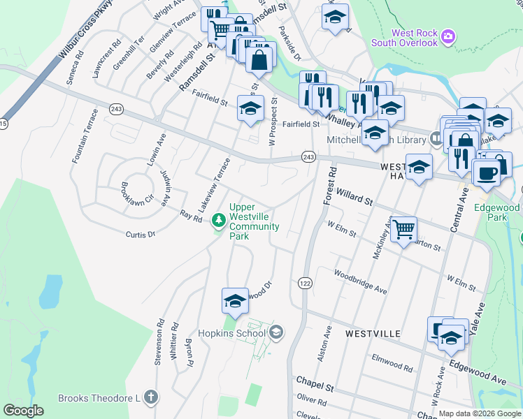 map of restaurants, bars, coffee shops, grocery stores, and more near 5 Hemlock Road in New Haven