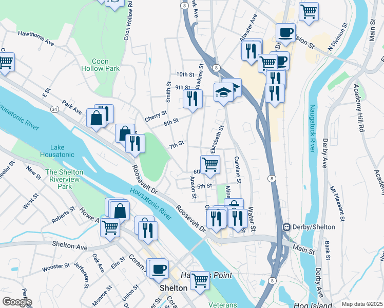 map of restaurants, bars, coffee shops, grocery stores, and more near 52 Hawkins Street in Derby