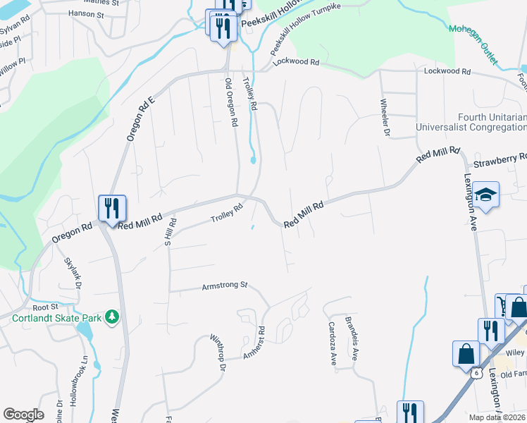 map of restaurants, bars, coffee shops, grocery stores, and more near 99 Red Mill Road in Cortlandt