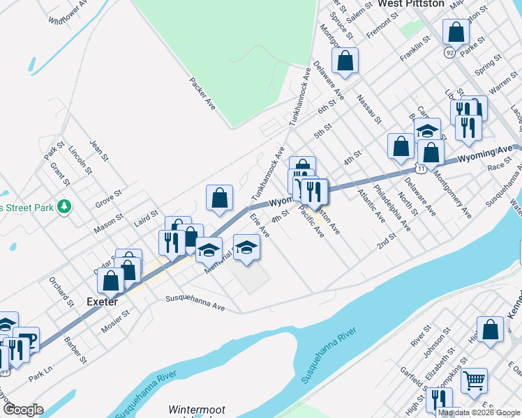 map of restaurants, bars, coffee shops, grocery stores, and more near 923 Tunkhannock Avenue in Luzerne County