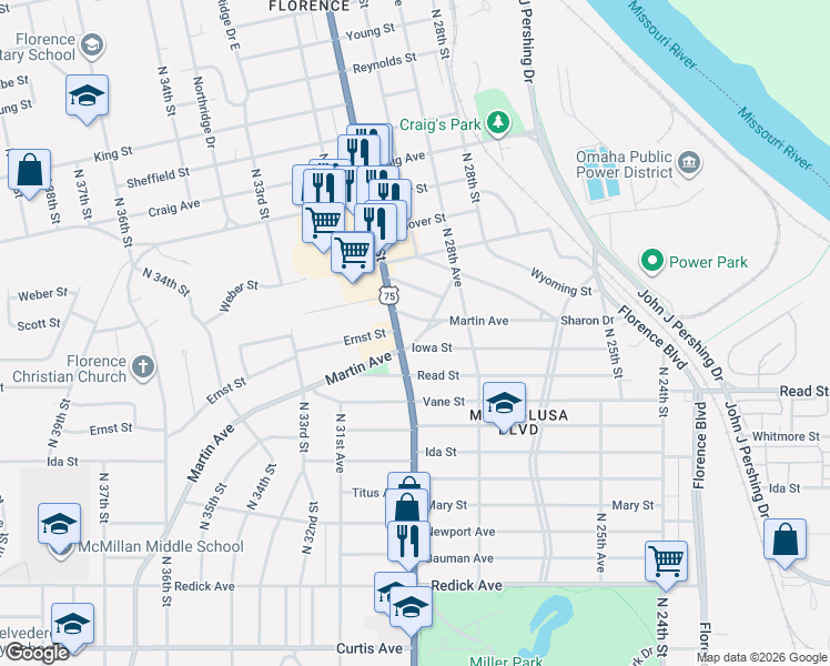 map of restaurants, bars, coffee shops, grocery stores, and more near 2886 Martin Avenue in Omaha
