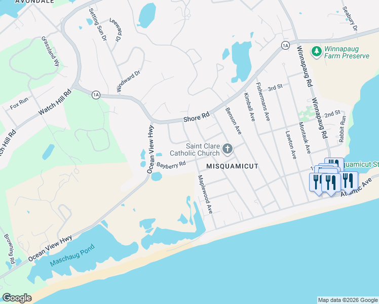 map of restaurants, bars, coffee shops, grocery stores, and more near 48 Maplewood Avenue in Westerly