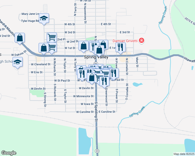 map of restaurants, bars, coffee shops, grocery stores, and more near 102 East Saint Paul Street in Spring Valley
