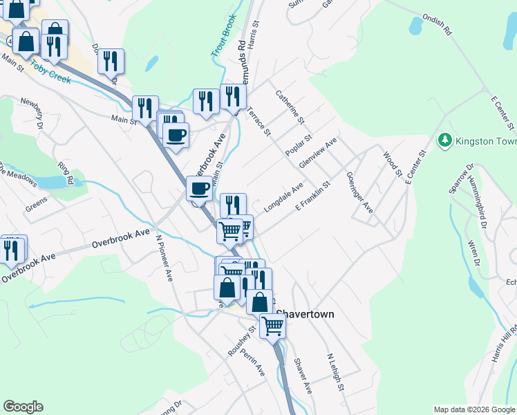 map of restaurants, bars, coffee shops, grocery stores, and more near 44 Longdale Avenue in Shavertown