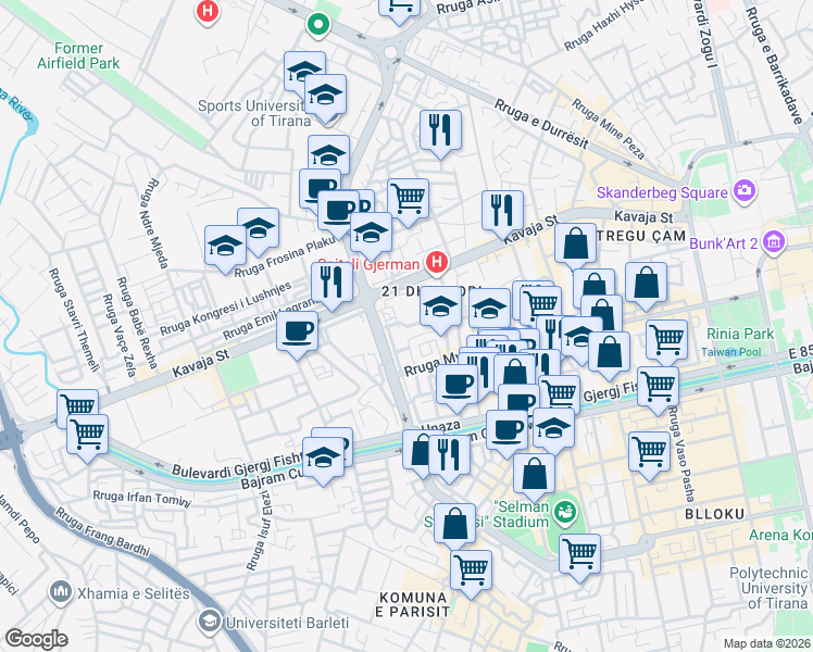 map of restaurants, bars, coffee shops, grocery stores, and more near Rruga Sulejman Pitarka in Tirana