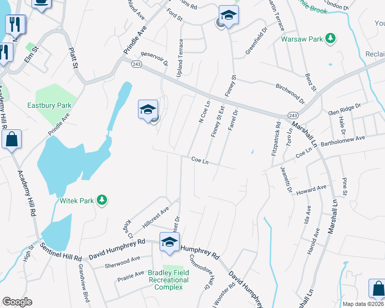 map of restaurants, bars, coffee shops, grocery stores, and more near 37 North Coe Lane in Ansonia