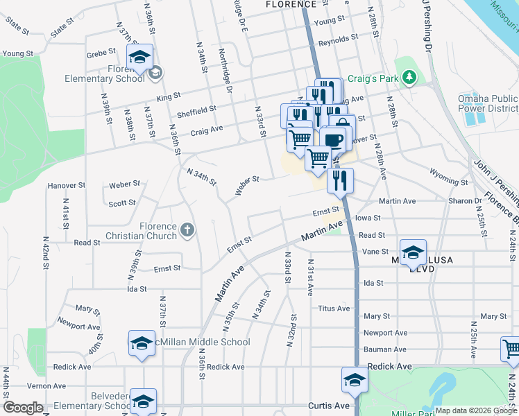 map of restaurants, bars, coffee shops, grocery stores, and more near 3328 Summit Street in Omaha