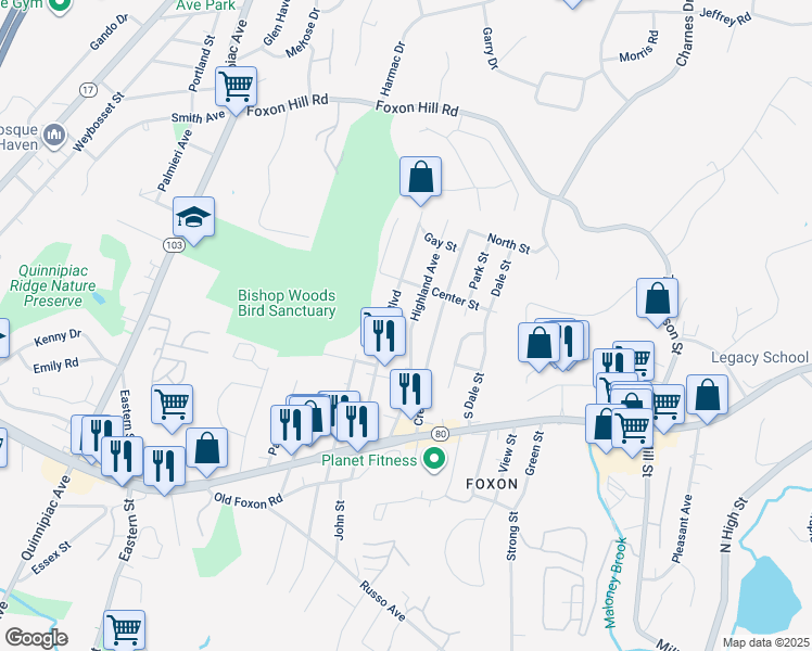 map of restaurants, bars, coffee shops, grocery stores, and more near 96 Highland Avenue in East Haven