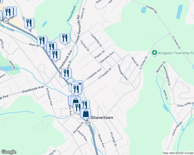 map of restaurants, bars, coffee shops, grocery stores, and more near 56 East Franklin Street in Shavertown