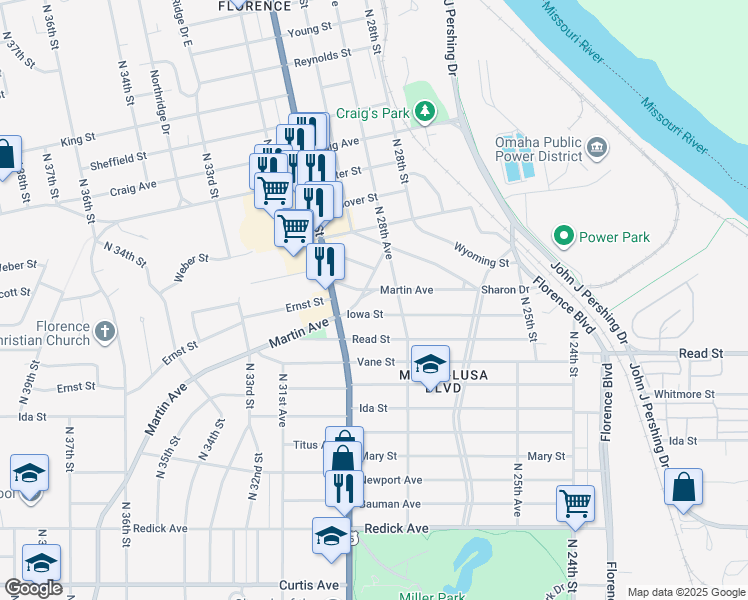 map of restaurants, bars, coffee shops, grocery stores, and more near 2861 Martin Avenue in Omaha
