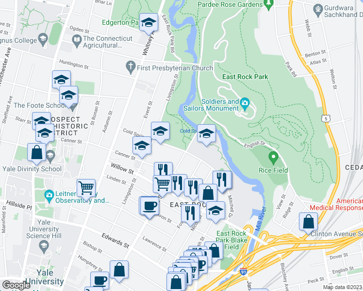 map of restaurants, bars, coffee shops, grocery stores, and more near 41 Cold Spring Street in New Haven