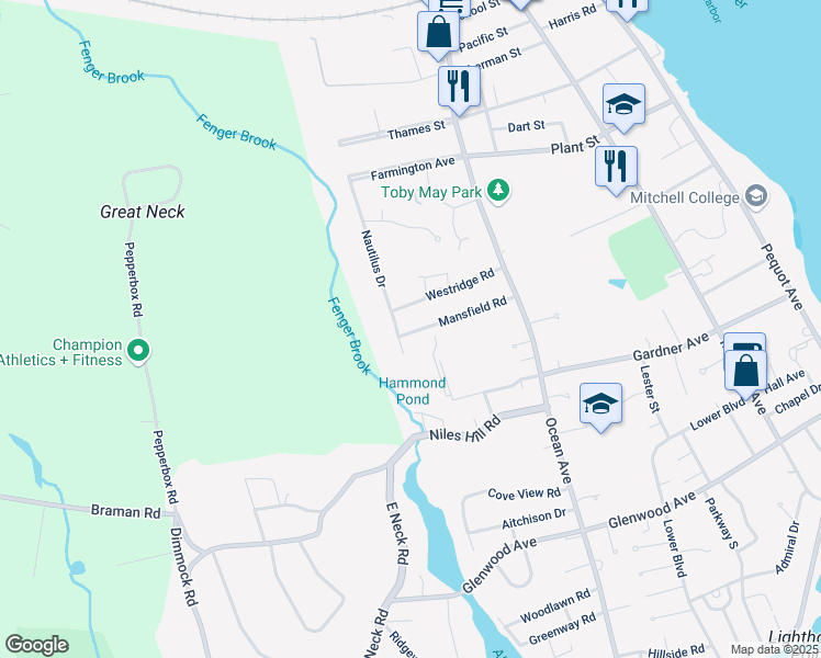 map of restaurants, bars, coffee shops, grocery stores, and more near 60 Mansfield Road in New London