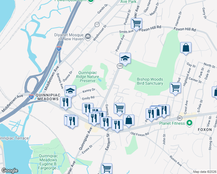 map of restaurants, bars, coffee shops, grocery stores, and more near 1378 Quinnipiac Avenue in New Haven