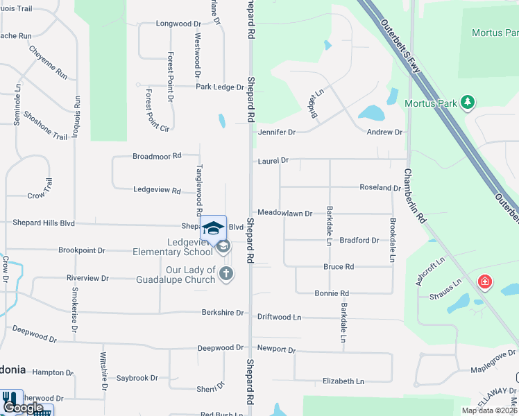 map of restaurants, bars, coffee shops, grocery stores, and more near 9187 Shepard Road in Macedonia