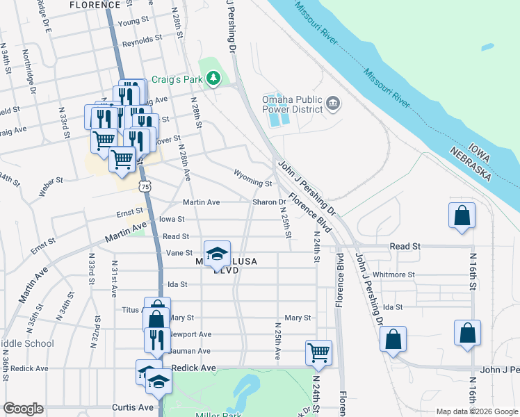 map of restaurants, bars, coffee shops, grocery stores, and more near 7211 Minne Lusa Boulevard in Omaha