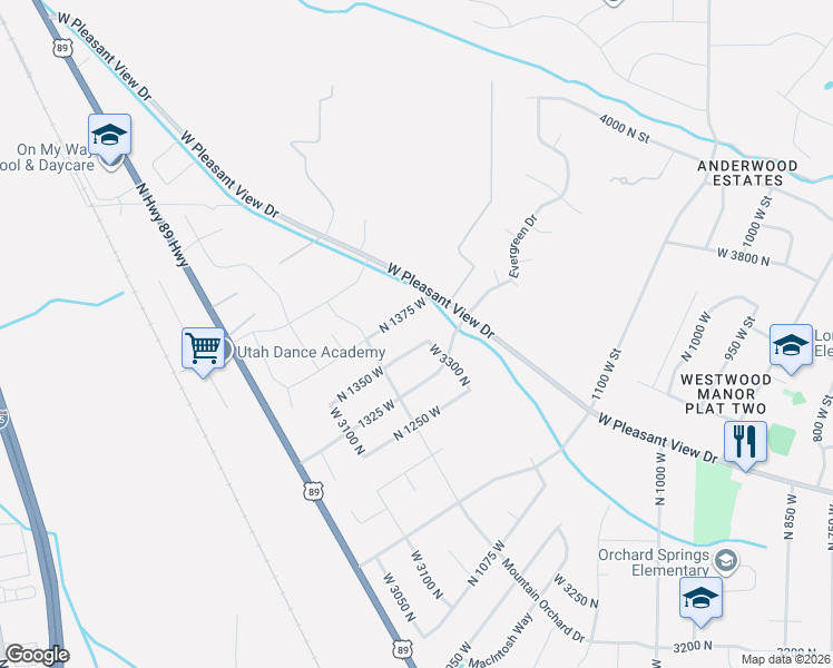 map of restaurants, bars, coffee shops, grocery stores, and more near 3289 North 1350 West in Pleasant View