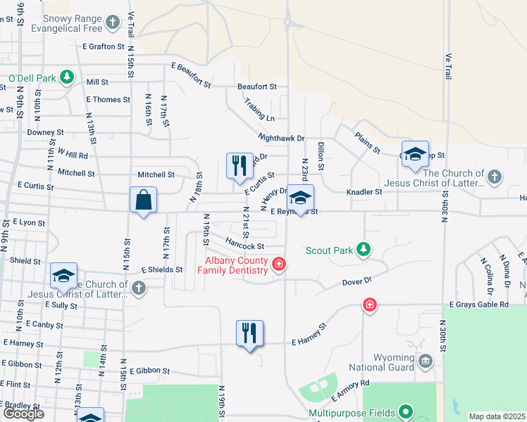 map of restaurants, bars, coffee shops, grocery stores, and more near 2125 East Reynolds Street in Laramie